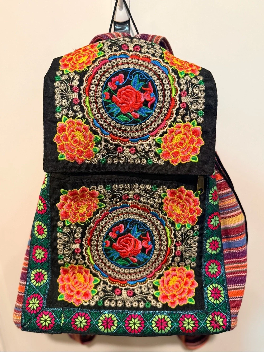Embroidered Black Floral Backpack with Multicolor Accents